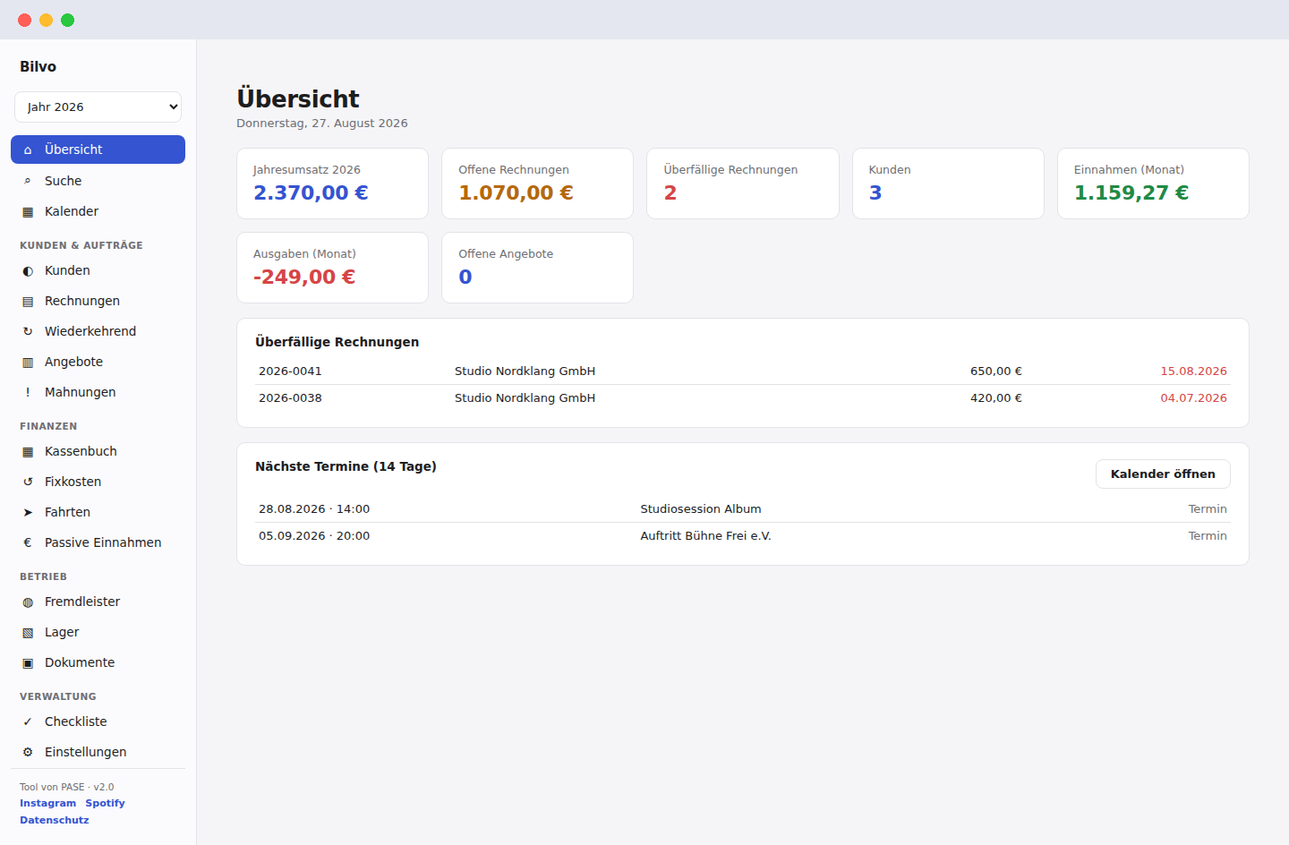 Übersicht / Dashboard von Bilvo