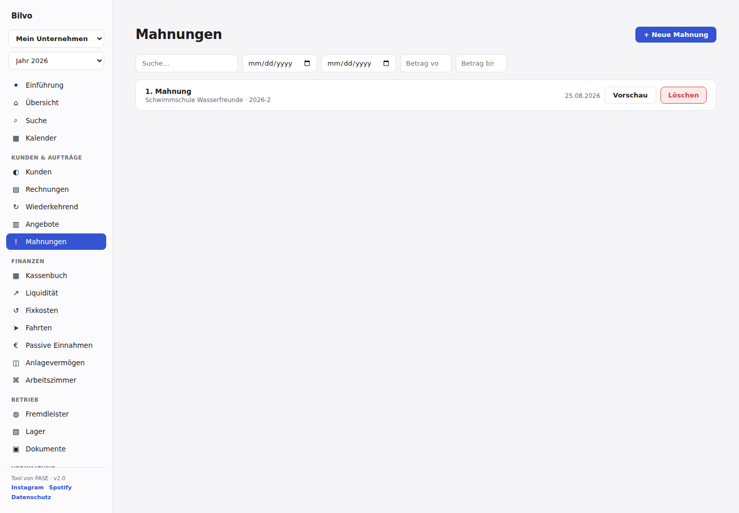Mahnwesen in Bilvo