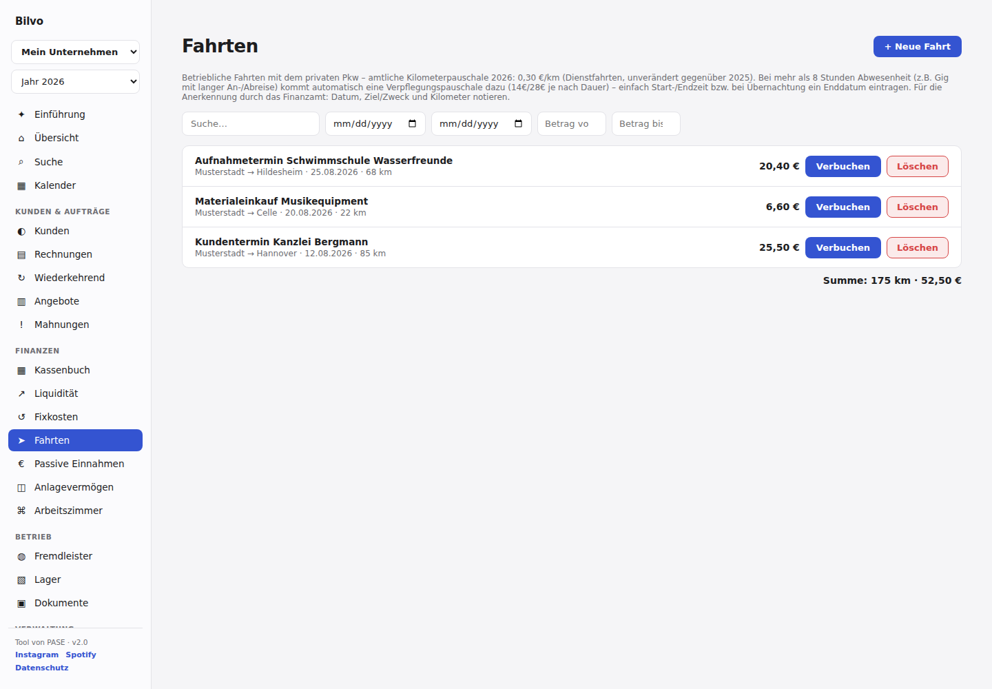 Fahrtenbuch in Bilvo